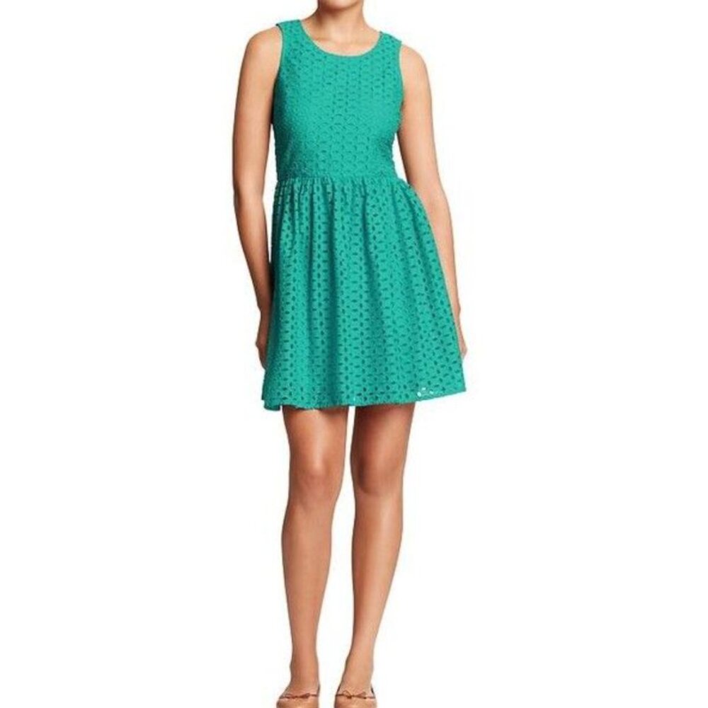 Old Navy Sleeveless Fit & Flare Teal Eyelet Sundress 2